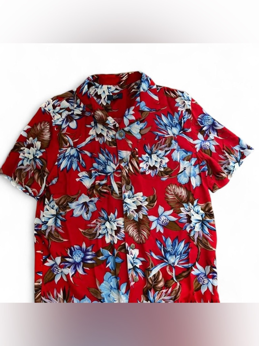 George Red Hawaiian Button-Down Shirt with Blue Floral Print Small